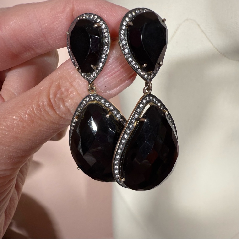 Sterling silver pear shape Black glass topaz halo oversized dangle earrings - Picture 11 of 15